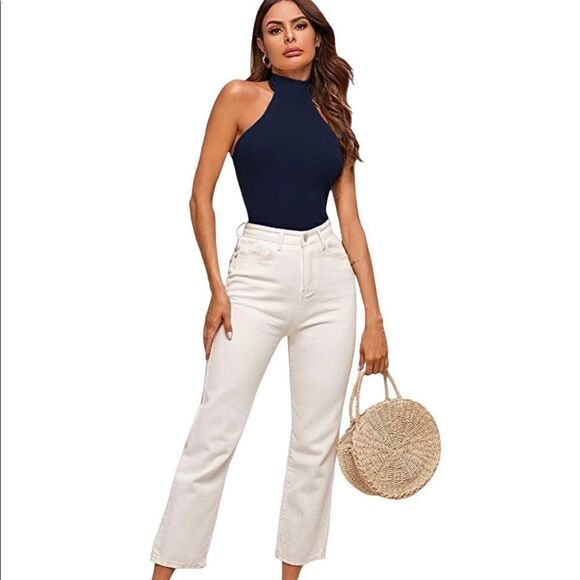 Women's Knit Crop Top Ribbed Sleeveless Halter Neck Vest Tank Top - Picture 3 of 7